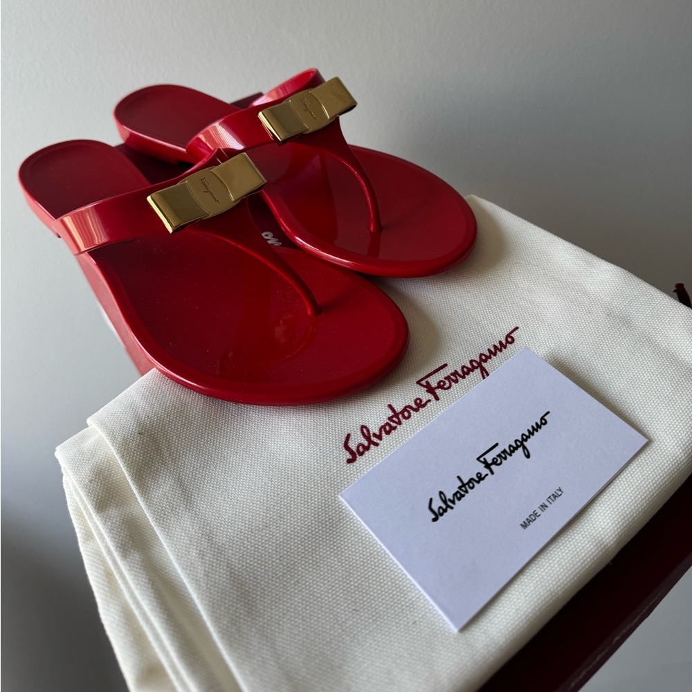 Salvatore Ferragamo Red Jelly Women Thong Sandal Gold Hardware 6